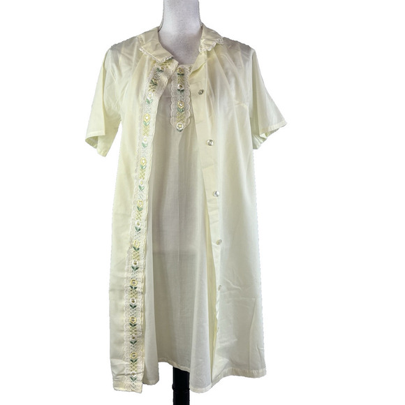 Vintage Katz 2pc Nightgown House Coat Robe Set sz Small Yellow Floral Embroidery - Picture 1 of 16